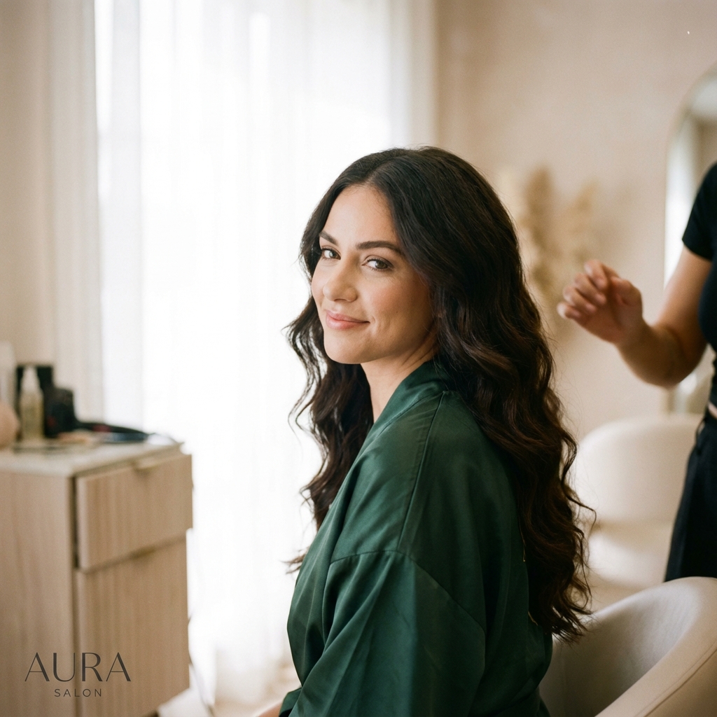 Candid editorial shot of beautiful woman with long wavy hair in luxury salon